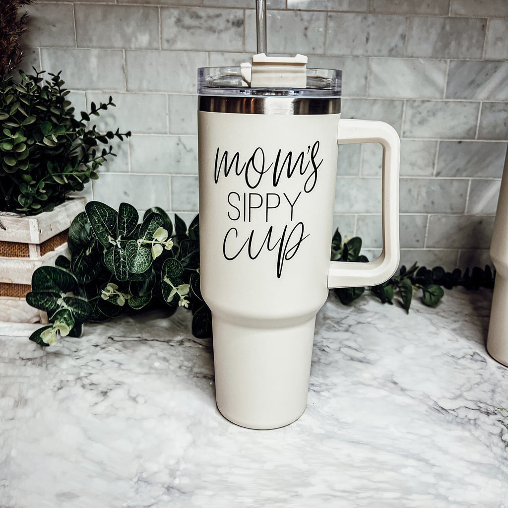 Mom Sippy Cup 40oz Insulated Travel Mug With Handle Lid And Straw