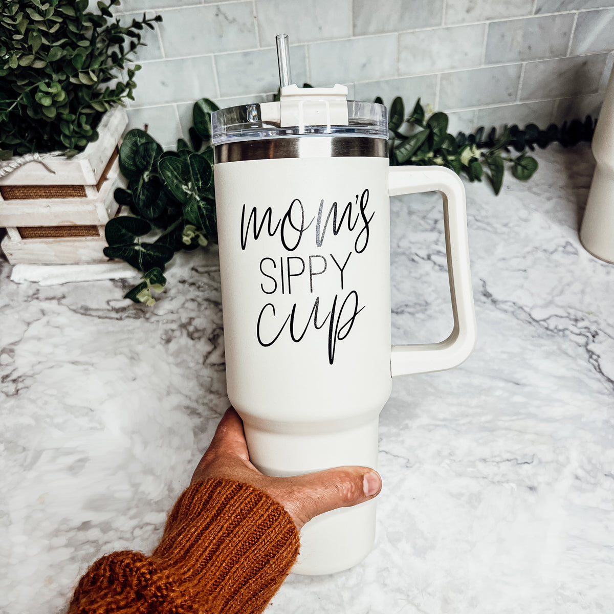Mom Sippy Cup 40oz Insulated Travel Mug With Handle Lid And Straw