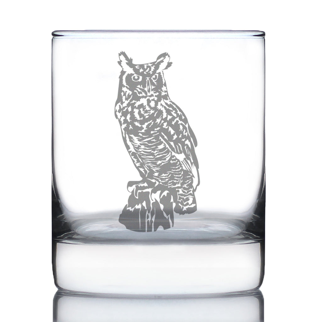 Great Horned Owl Engraved Rocks Glass Owl Decor and Bird Lover Gifts Weighted Whiskey Glasses - 10.25 oz