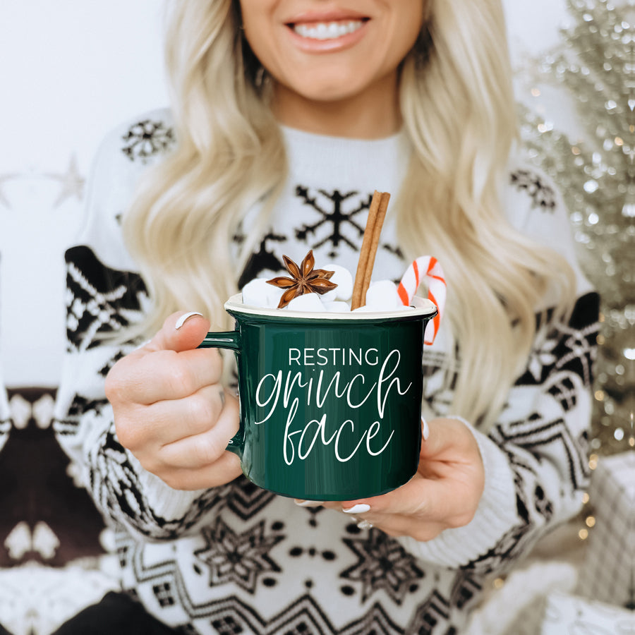 Grinch Face Mug 14.5oz Ceramic Campfire Mug Red Green Funny Holiday Coffee Cup