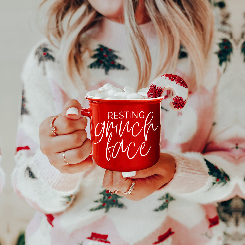 Grinch Face Mug 14.5oz Ceramic Campfire Mug Red Green Funny Holiday Coffee Cup