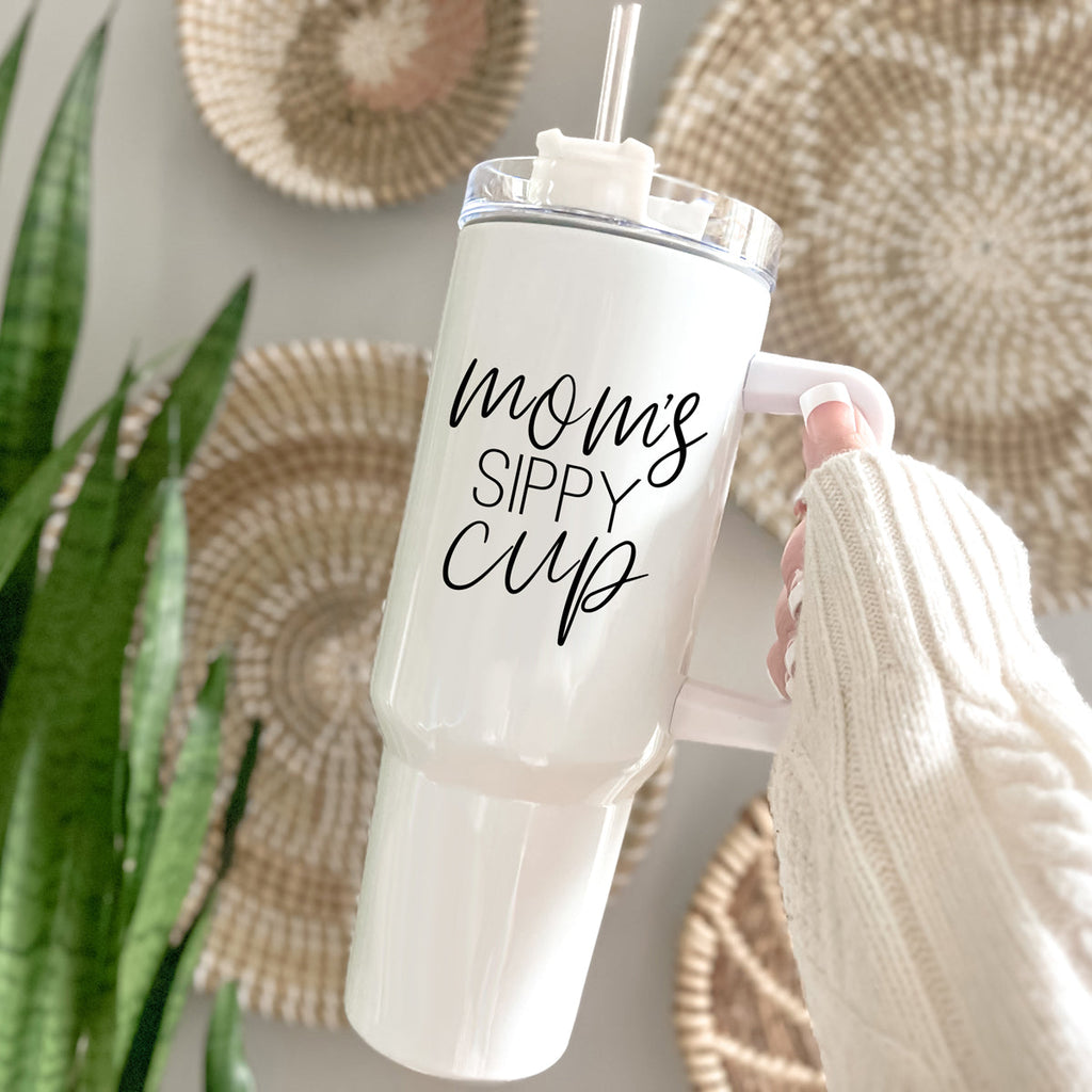 Mom Sippy Cup 40oz Insulated Travel Mug With Handle Lid And Straw