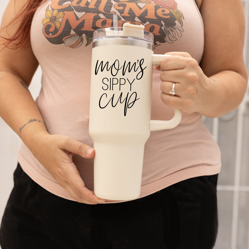 Mom Sippy Cup 40oz Insulated Travel Mug With Handle Lid And Straw